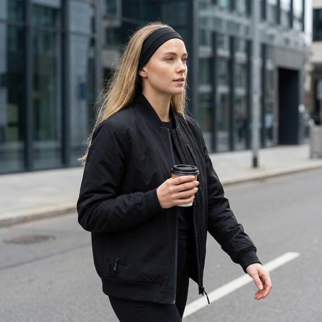 Pannebånd i sort på en sporty jente. 