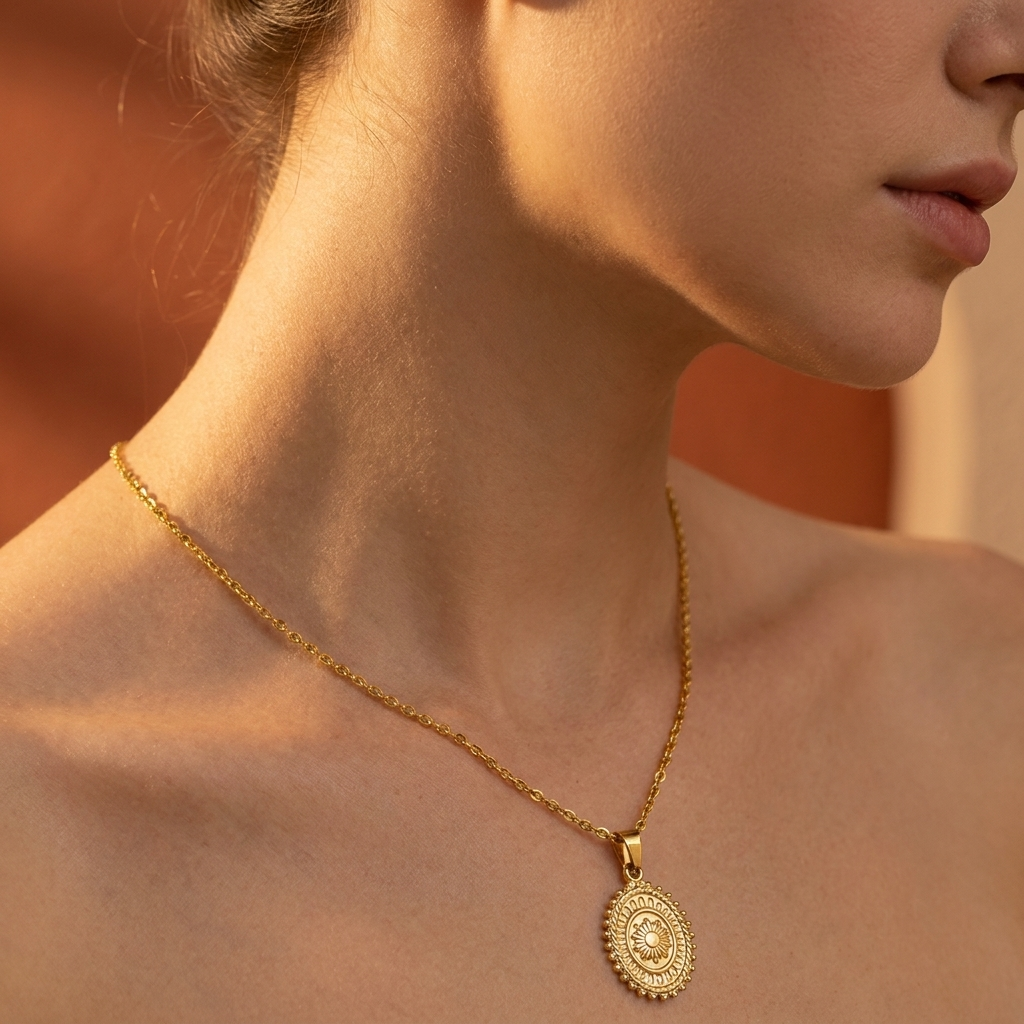 Sol anheng kjede i gull på modell. 